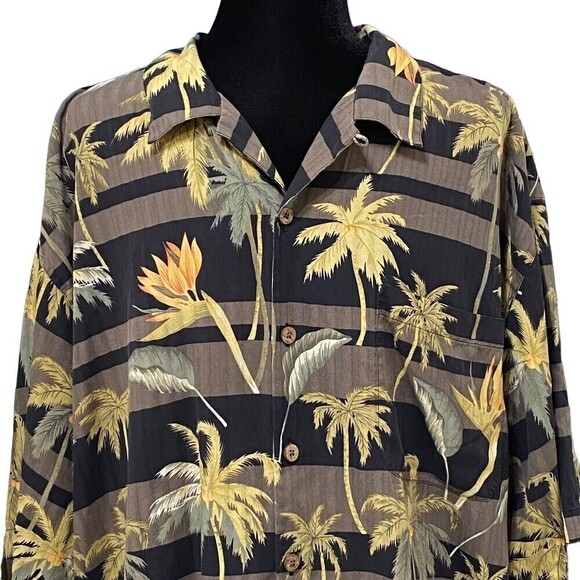 Tommy Bahama Silk Hawaiian Shirt Large Palm Tree Bird of Paradise Aloha Tropical - Picture 2 of 7